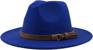 Women Men Fedora Hat with Leather Ribbon Gentleman Wide Brim Jazz Church Panama Sombrero Cap Blue Child 52-54CM