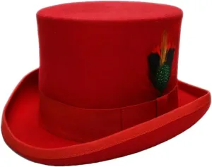 Women's Men High Round Flat Top Feathers Wool Felt Magician Hat Bowler Hat Christmas Costume Cap Red L
