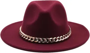 Women's Solid Fedora Hats Jazz Cap Women Men Wide Brim Thick Hats Wine Red 56-58CM