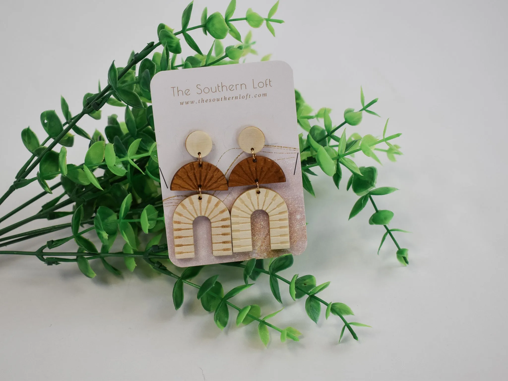 Wood Engraved Arch Drop Earrings