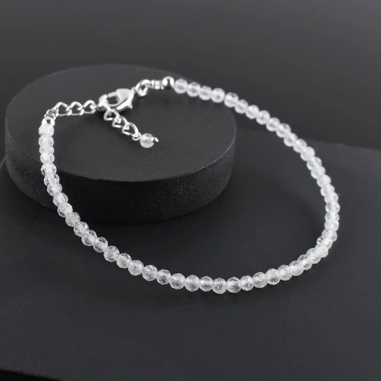 YANARA Natural Moonstone Bracelet Gemstone Micro Beads Dainty Jewelry for Women, June Birthstone, Energy Healing Crystals, Silver Plated Chain 8 inch Birthday Gifts For Her