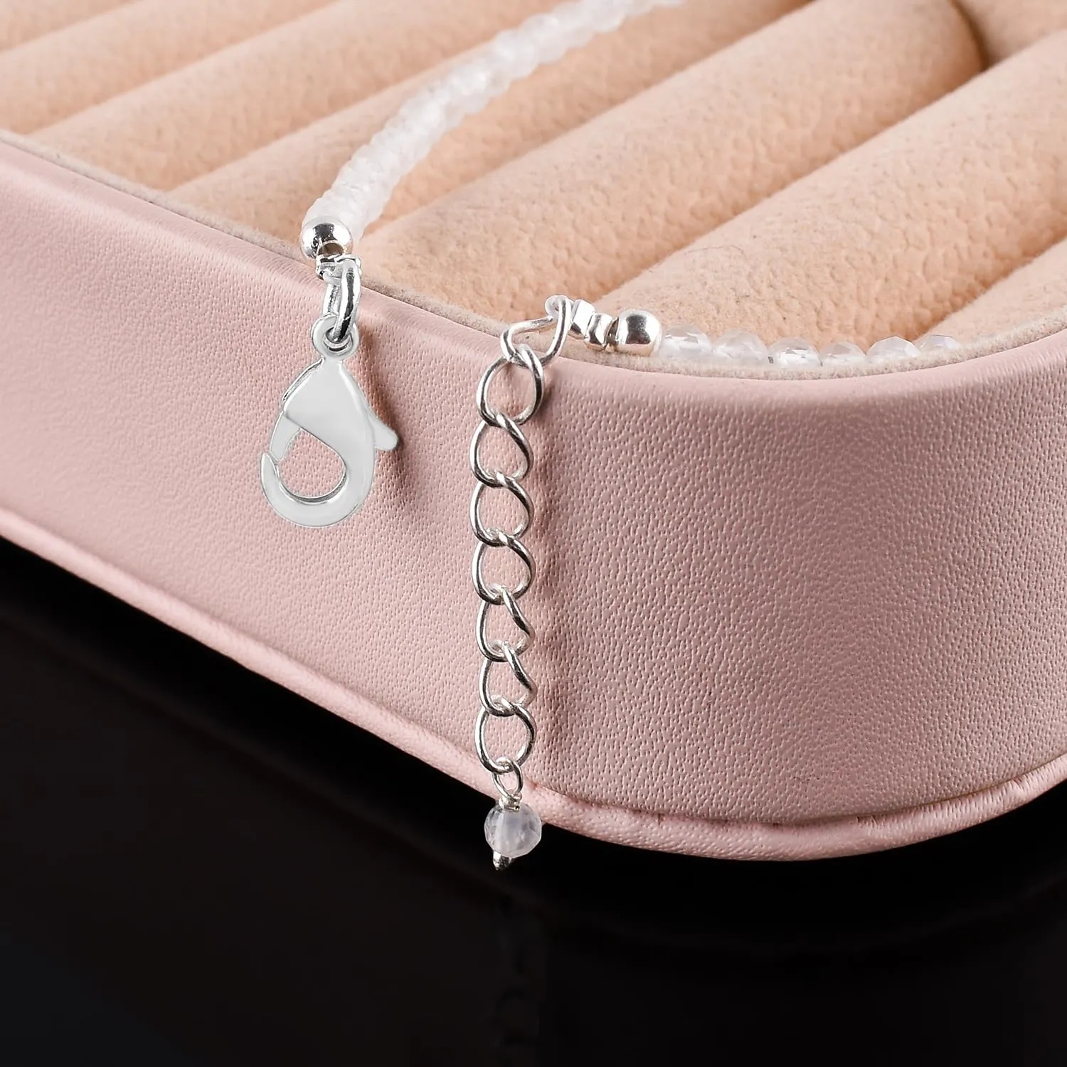YANARA Natural Moonstone Bracelet Gemstone Micro Beads Dainty Jewelry for Women, June Birthstone, Energy Healing Crystals, Silver Plated Chain 8 inch Birthday Gifts For Her